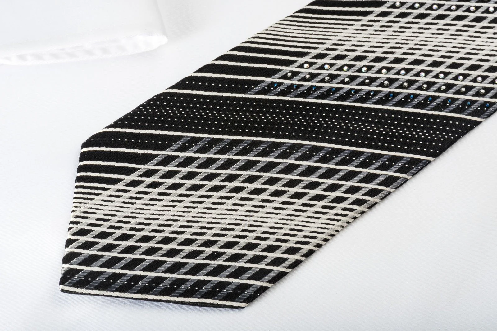 Daniel Hechter Silk Tie Silver Striped On Black With Rhinestones - Image 3