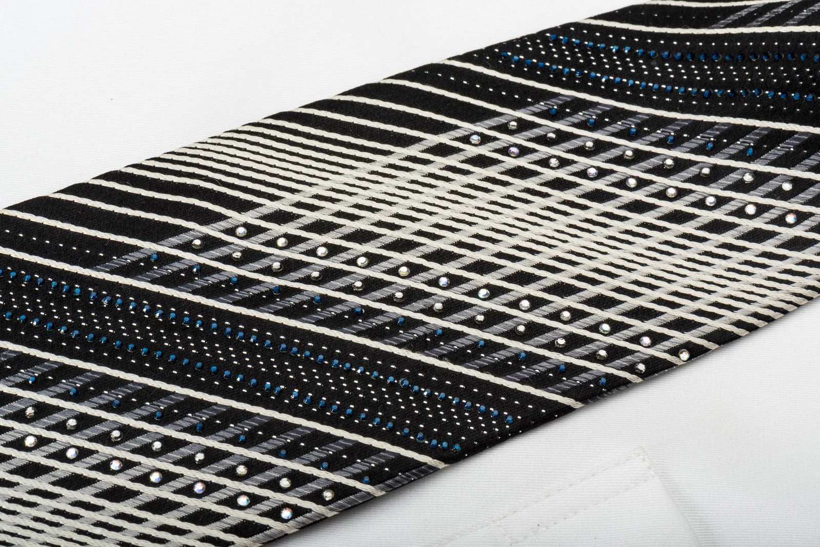 Daniel Hechter Silk Tie Silver Striped On Black With Rhinestones - Image 5