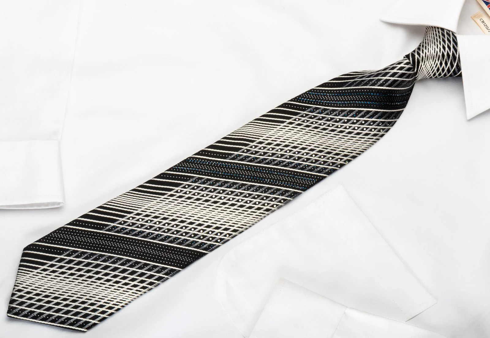 Daniel Hechter Silk Tie Silver Striped On Black With Rhinestones - Image 7