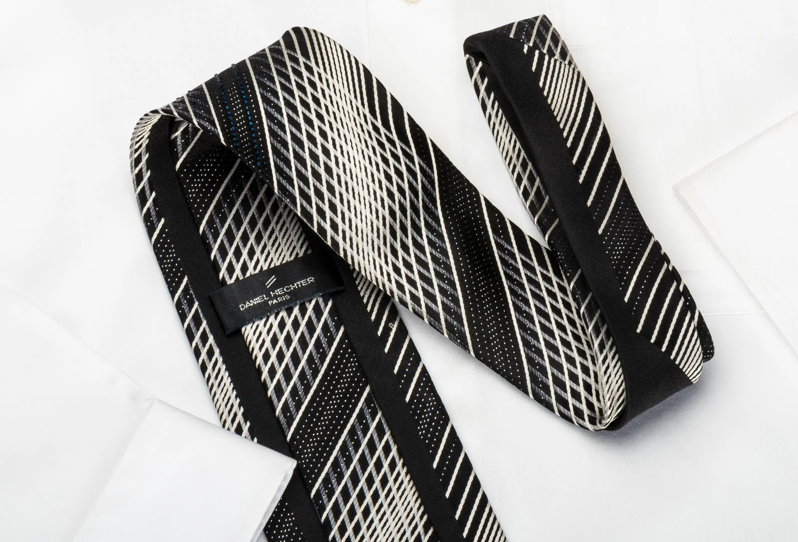 Daniel Hechter Silk Tie Silver Striped On Black With Rhinestones - Image 8