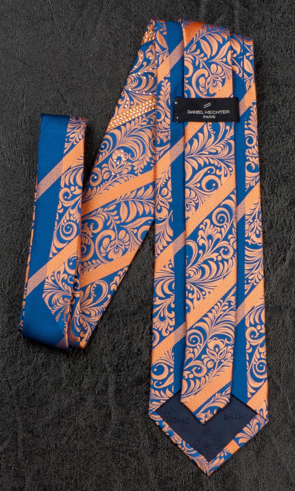 Daniel Heckter Rhinestone Silk Neck Tie Bronze Gold Floral Striped On Blue - Image 2