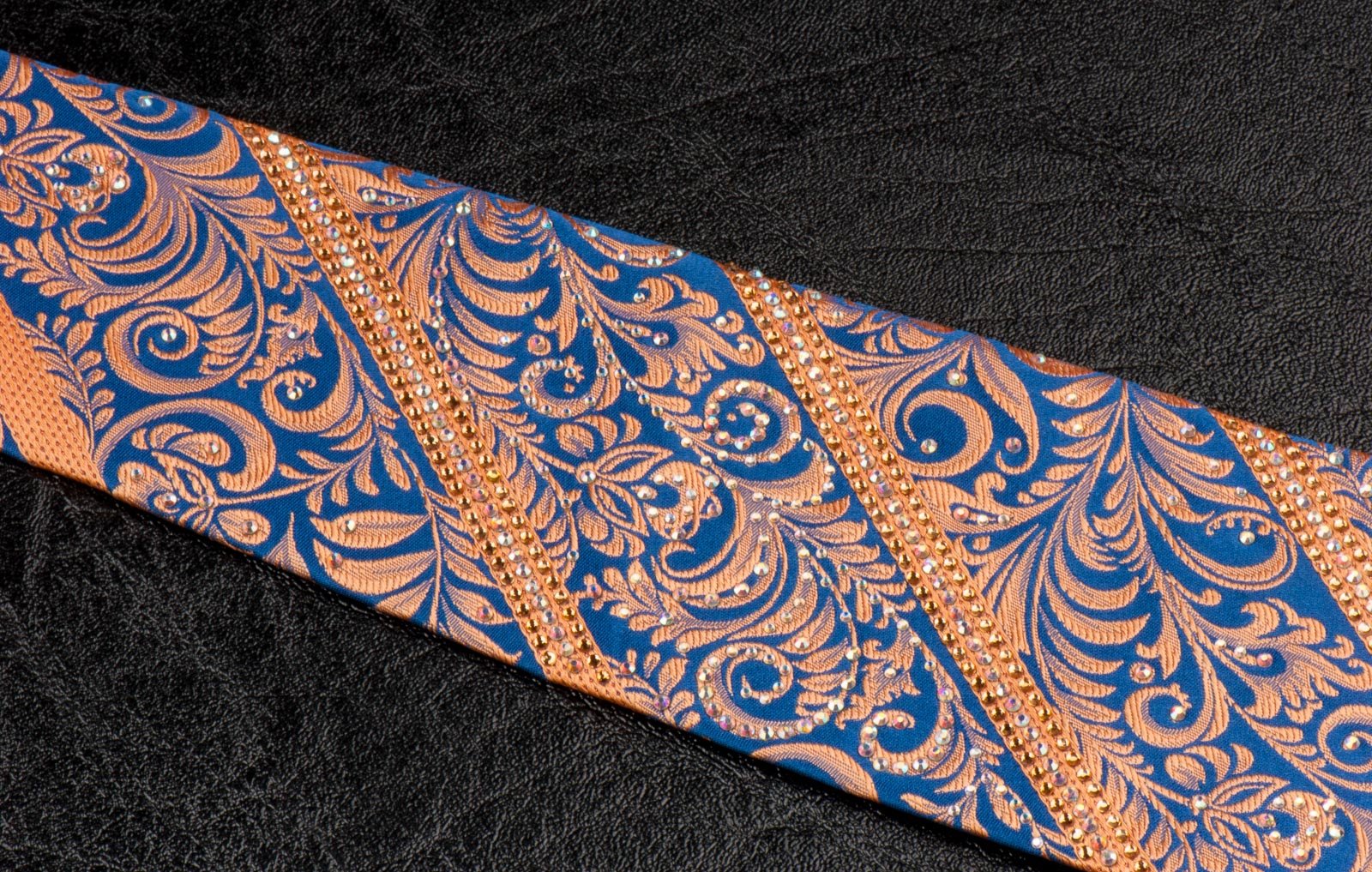 Daniel Heckter Rhinestone Silk Neck Tie Bronze Gold Floral Striped On Blue - Image 3