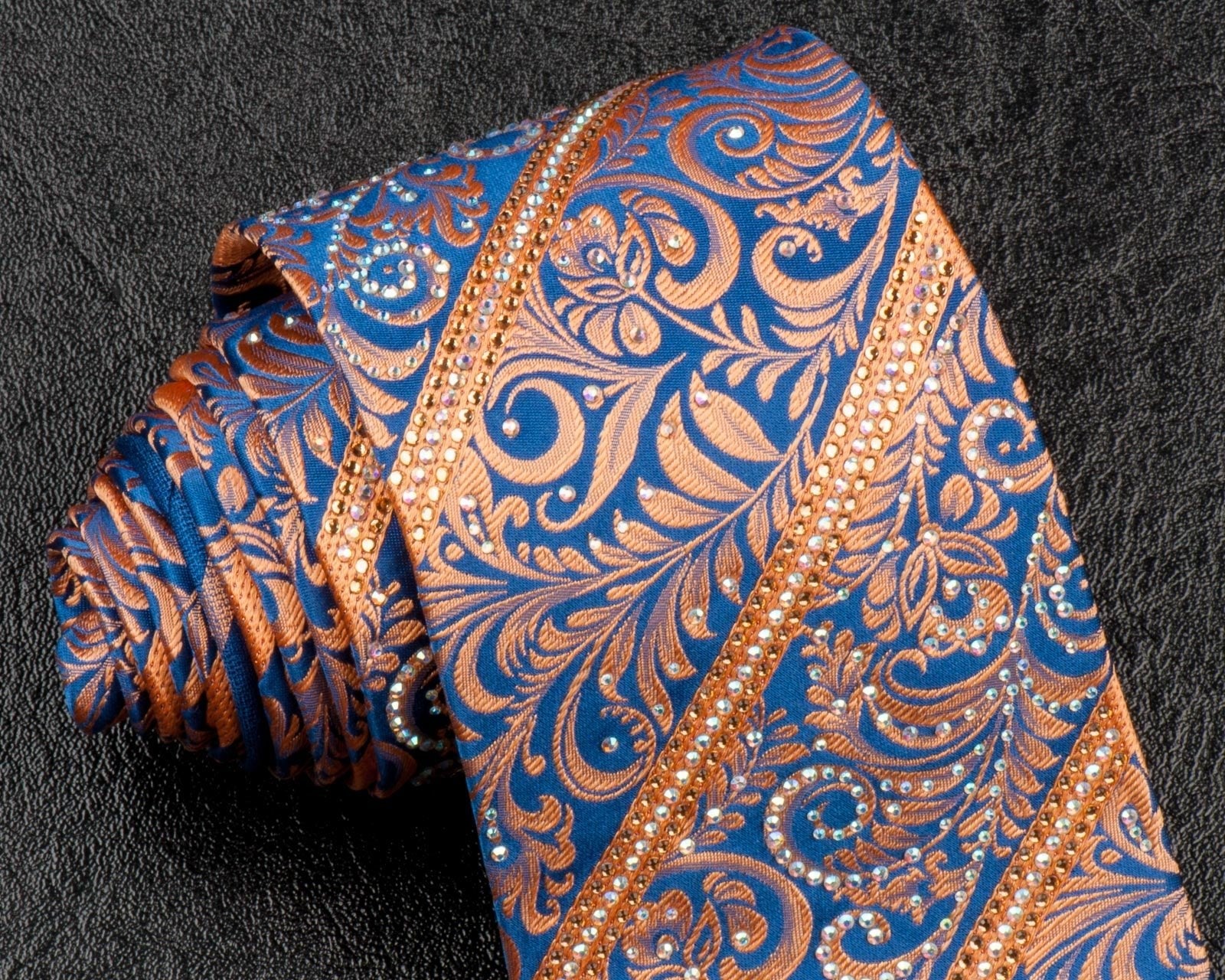 Daniel Heckter Rhinestone Silk Neck Tie Bronze Gold Floral Striped On Blue - Image 4