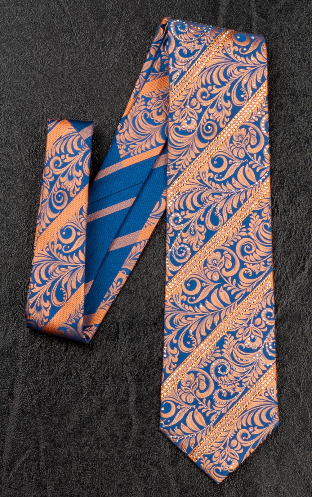 Daniel Heckter Rhinestone Silk Neck Tie Bronze Gold Floral Striped On Blue - Image 6