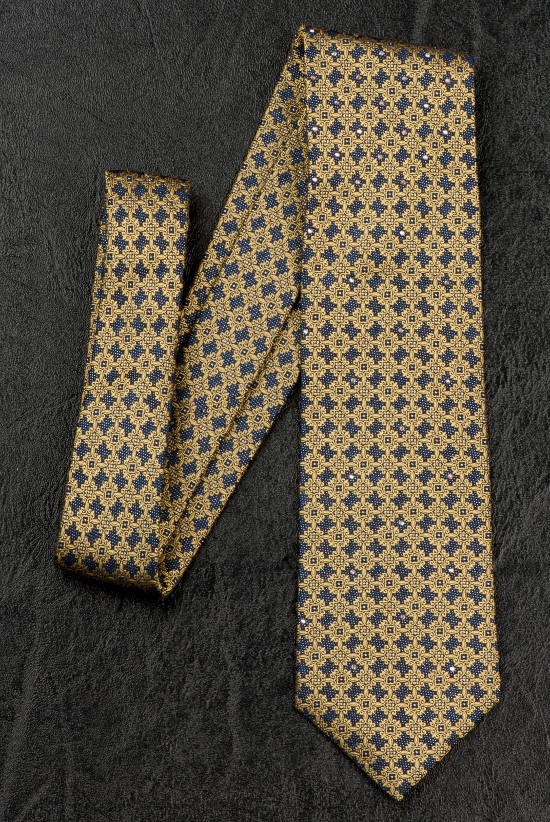 Daniel Heckter Men's Silk Rhinestone Tie Yellow Trellis On Blue With Silver Sparkles - Image 2