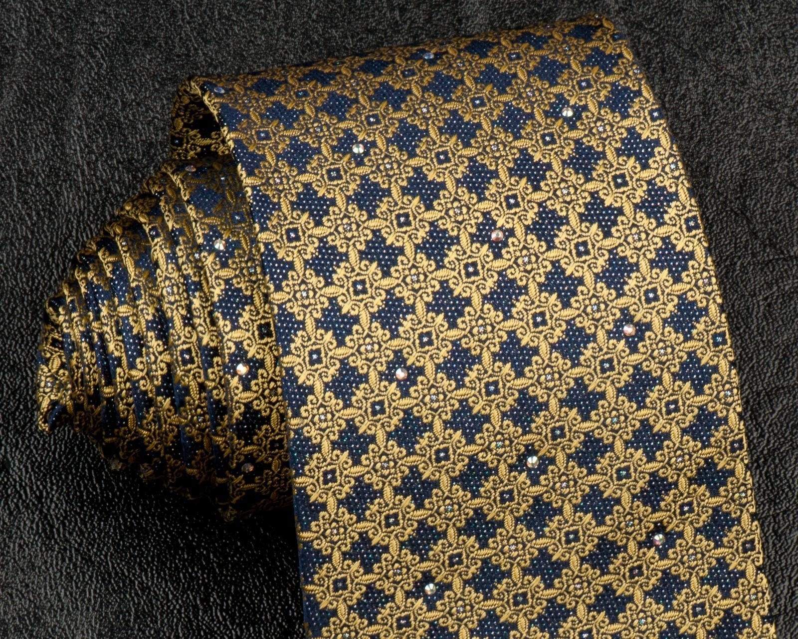 Daniel Heckter Men's Silk Rhinestone Tie Yellow Trellis On Blue With Silver Sparkles - Image 3