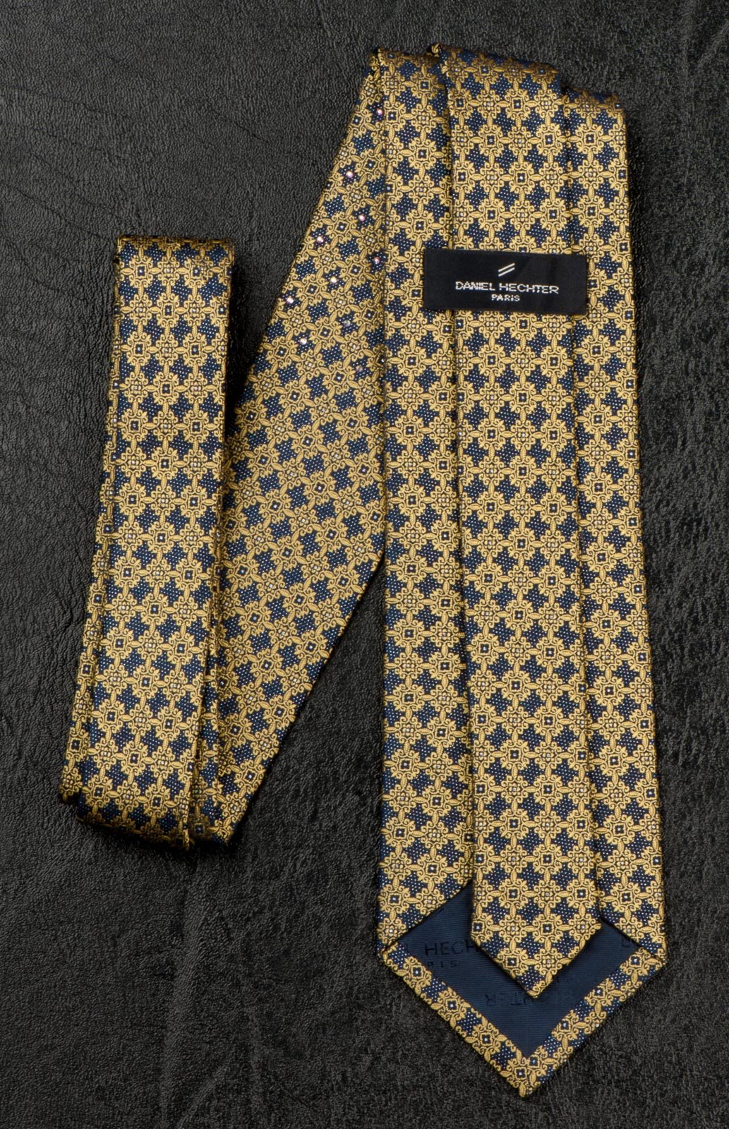 Daniel Heckter Men's Silk Rhinestone Tie Yellow Trellis On Blue With Silver Sparkles - Image 6
