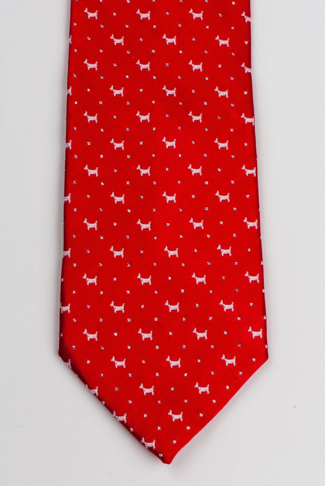 Daniel Silk Neck Tie White Scotty Dogs On Red With Silver Highlights 2 3/4 Inch - Image 2
