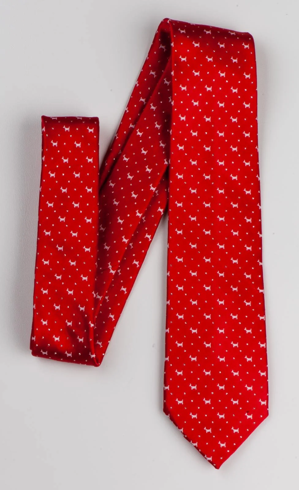 Daniel Silk Neck Tie White Scotty Dogs On Red With Silver Highlights 2 3/4 Inch - Image 4