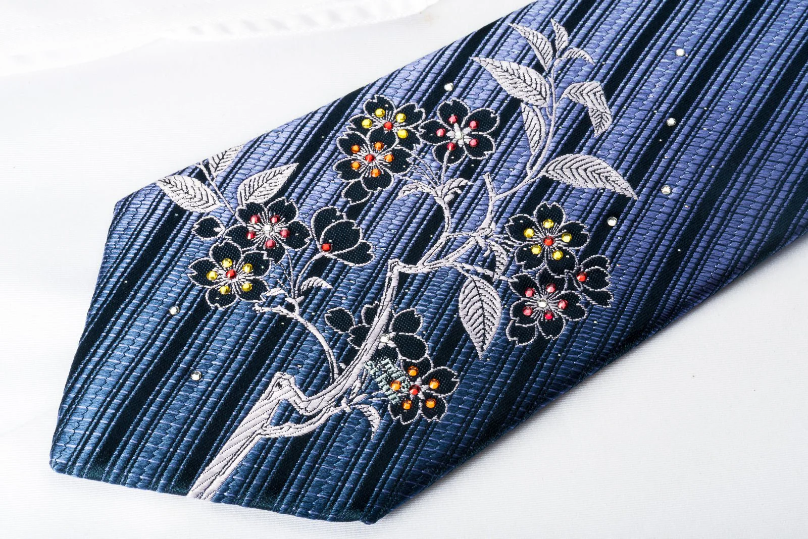 DNSK Rhinestone Silk Necktie Floral Striped On Blue With Silver Sparkles - Image 2