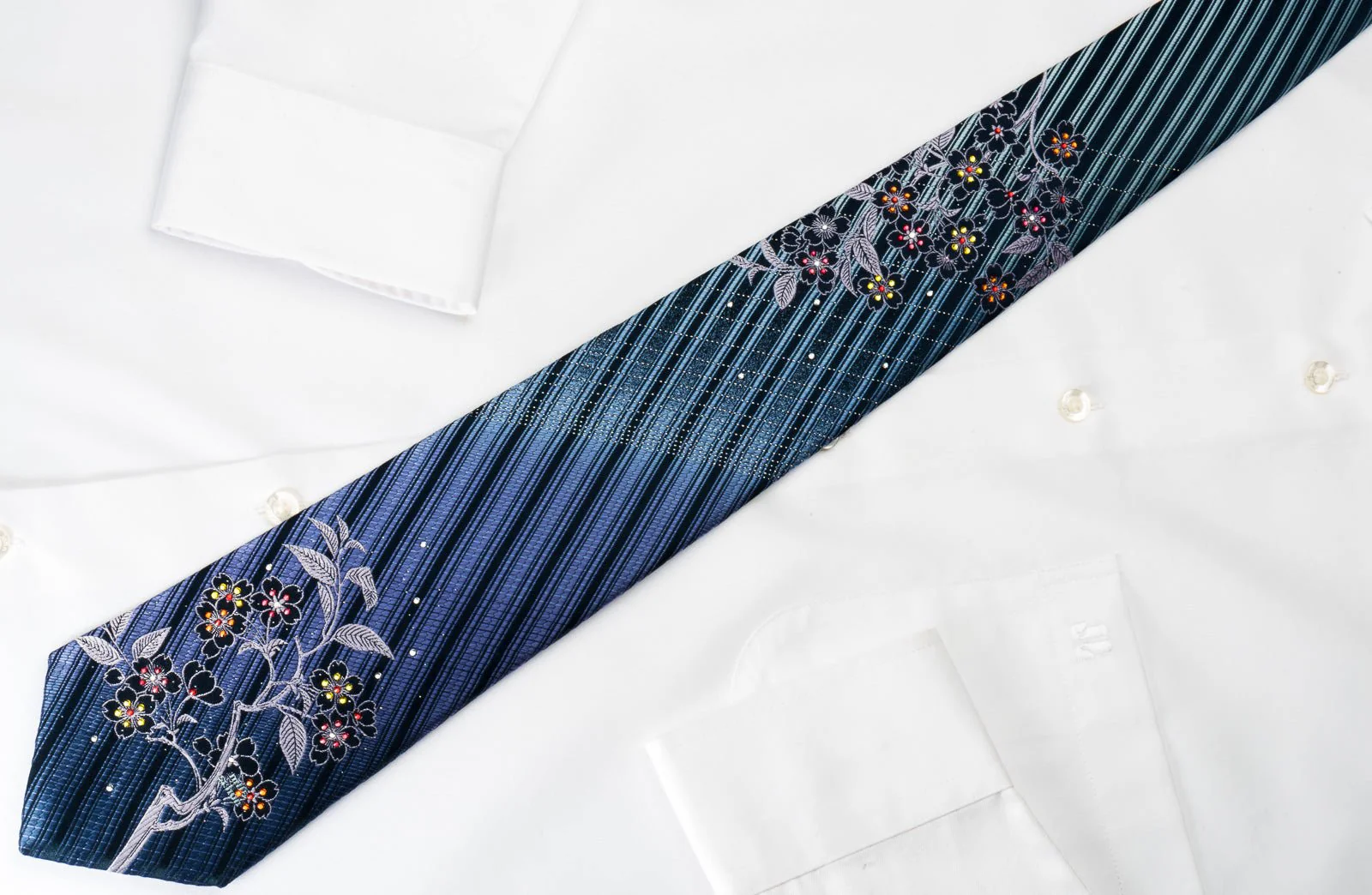 DNSK Rhinestone Silk Necktie Floral Striped On Blue With Silver Sparkles - Image 4