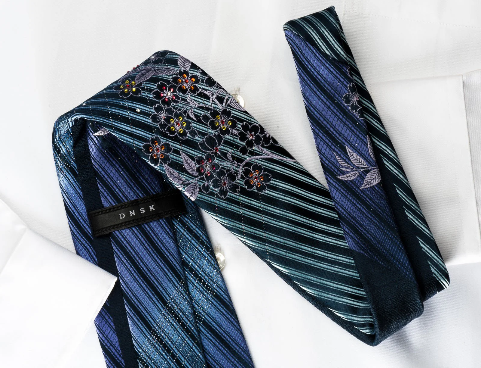 DNSK Rhinestone Silk Necktie Floral Striped On Blue With Silver Sparkles - Image 5