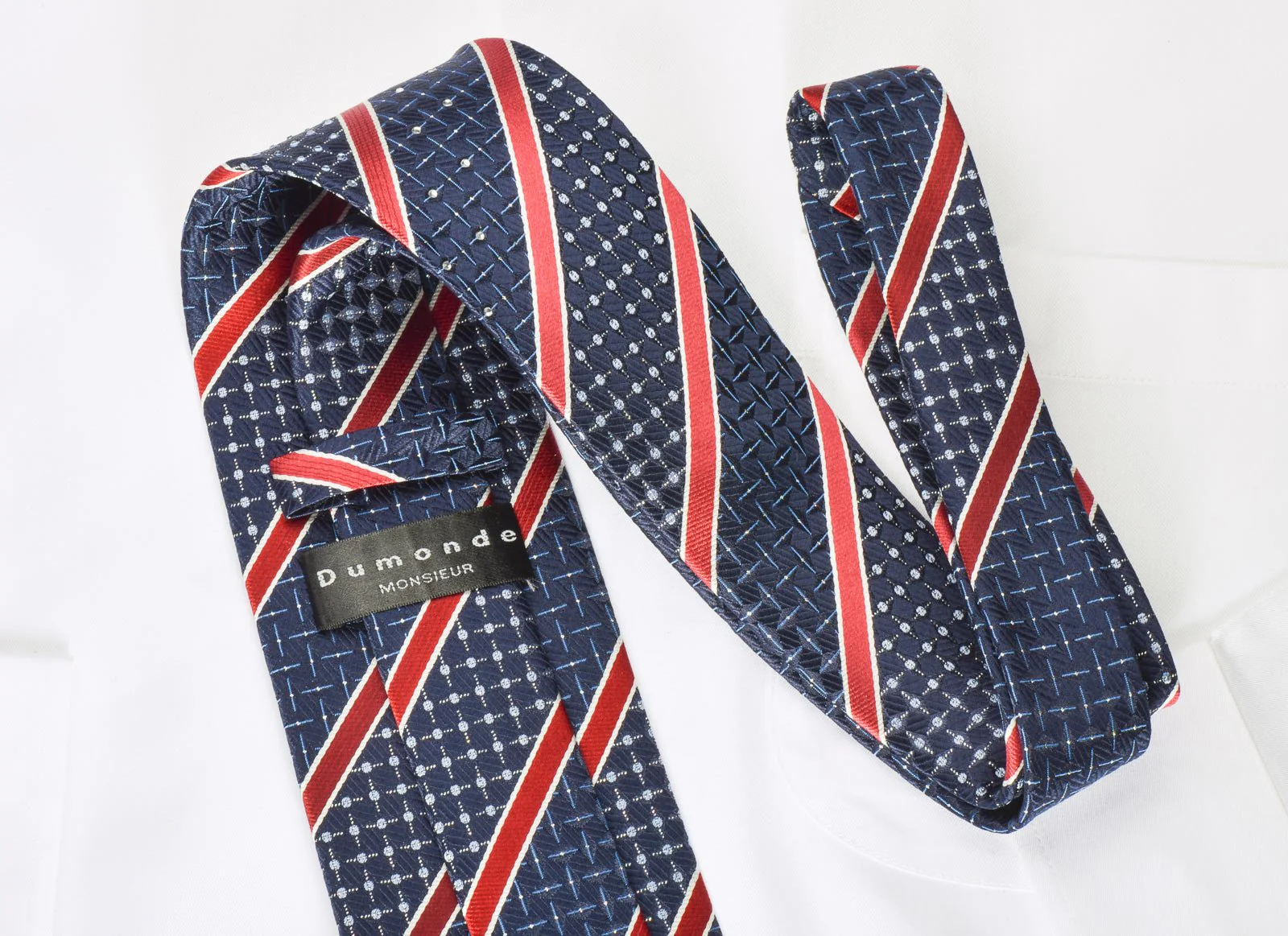 Dumonde Rhinestone Silk Necktie Red Stripes On Blue With Silver Sparkles - Image 4