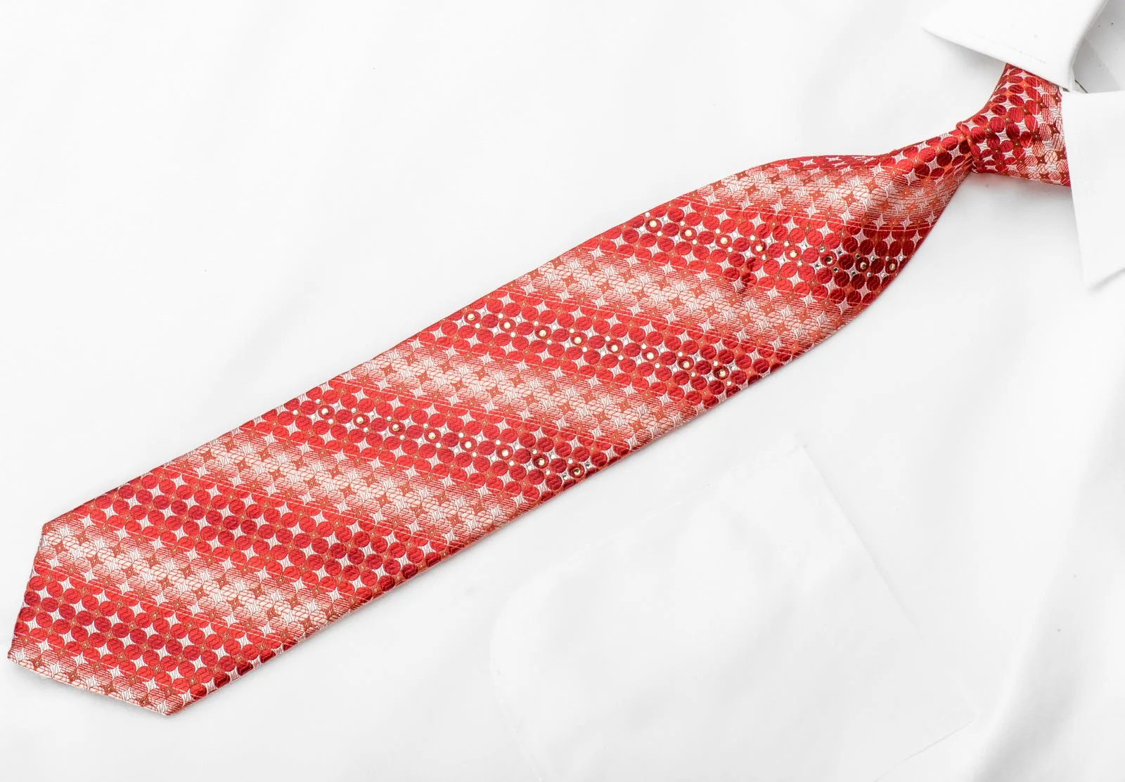 Elegance Crystal Necktie Geometric Circles On Red Silk With Silver Sparkles - Image 2