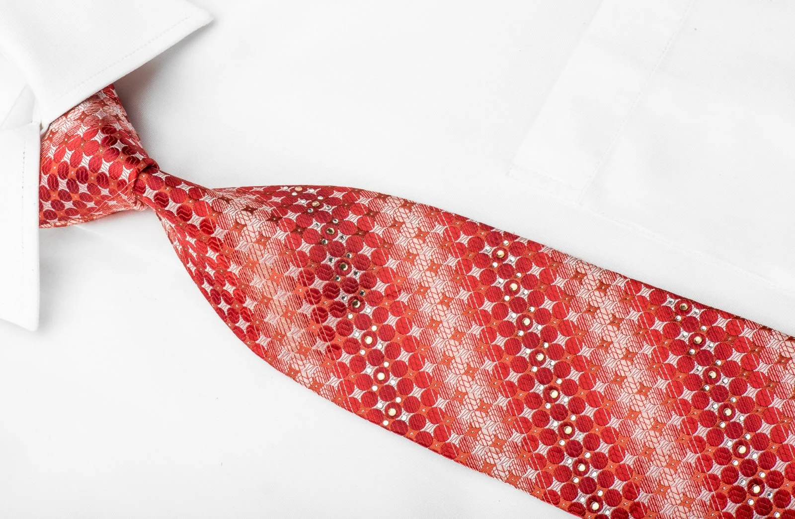 Elegance Crystal Necktie Geometric Circles On Red Silk With Silver Sparkles - Image 3