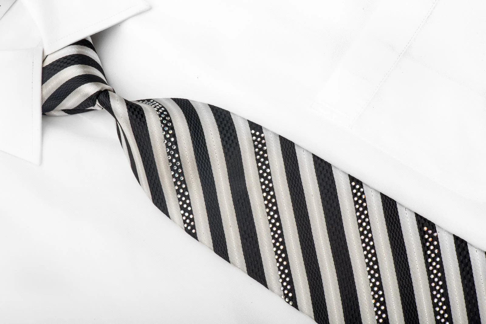 Elegance Men's Crystal Rhinestone Necktie Silver Black Striped With Sparkles - Image 2