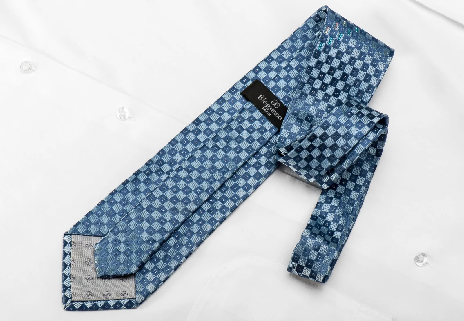 Elegance Men's Crystal Silk Necktie Blue Checkered With Silver Sparkles - Image 4