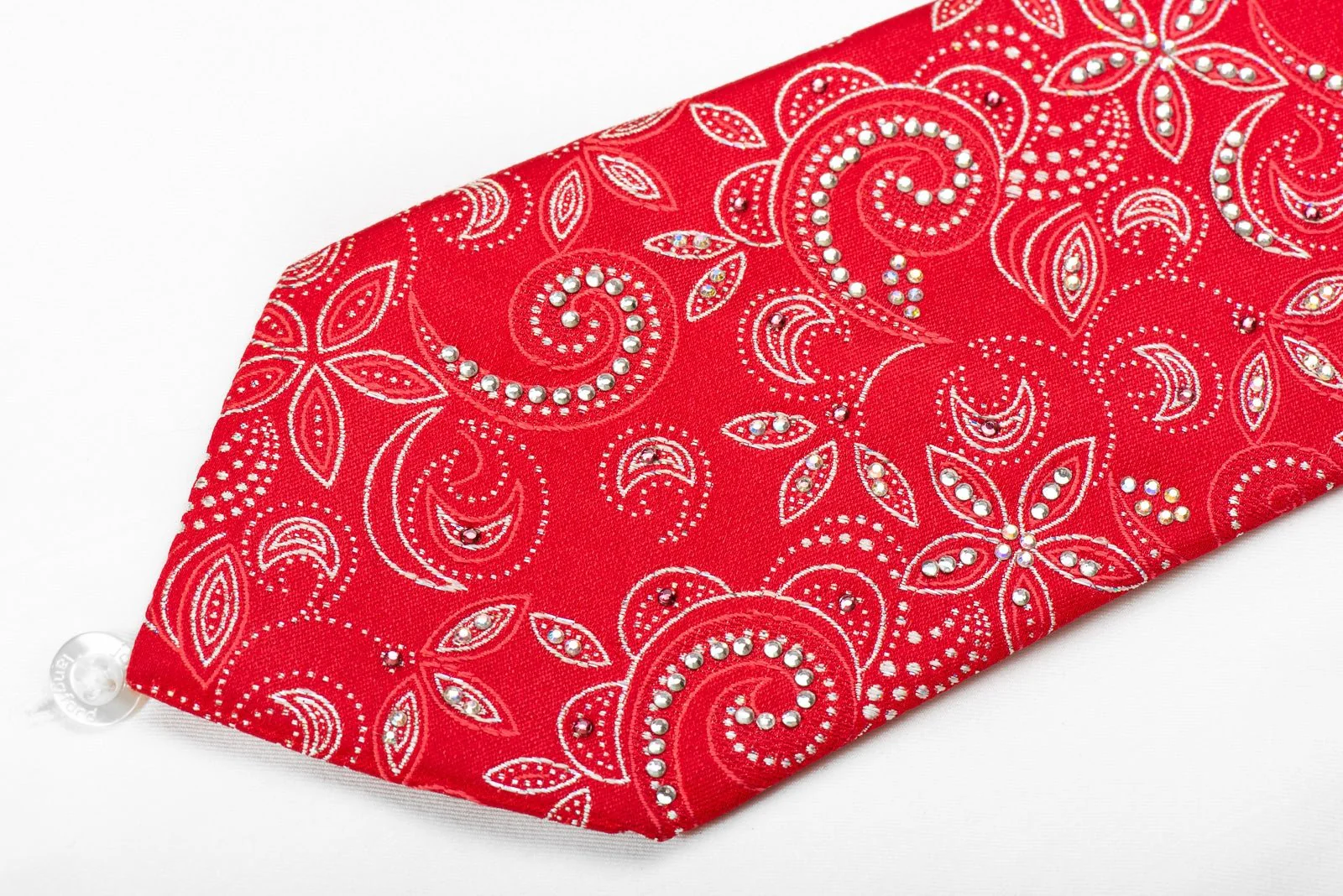 Floral On Red Men's Crystal Silk Necktie With Silver Sparkles - Image 2
