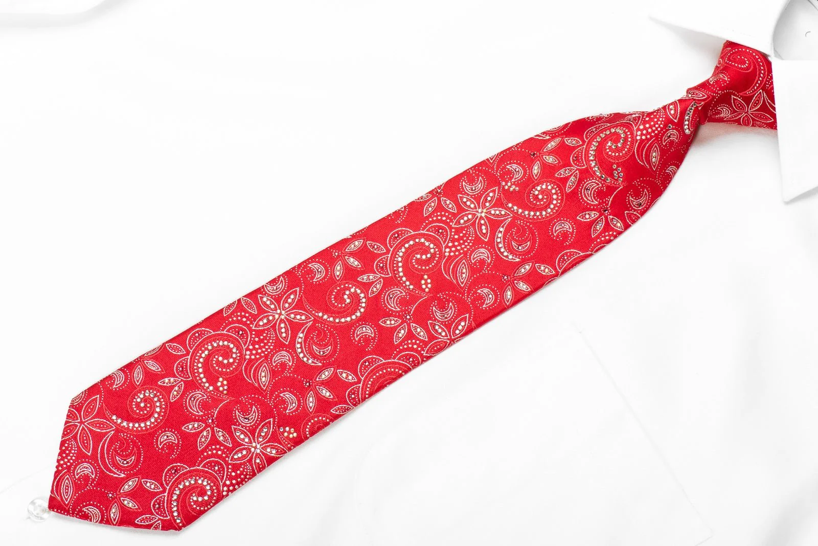 Floral On Red Men's Crystal Silk Necktie With Silver Sparkles - Image 5