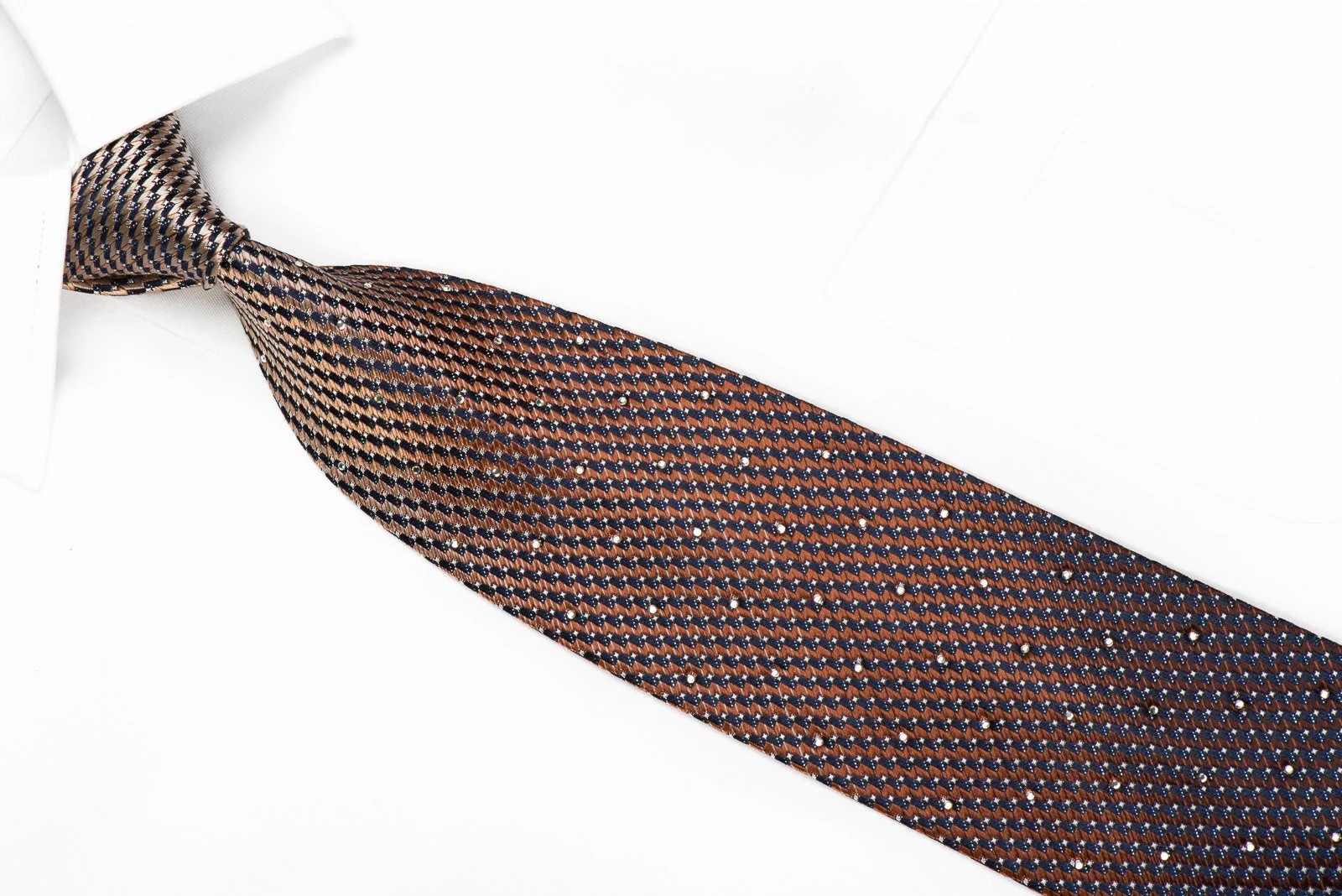 Elegance Men's Crystal Silk Necktie Orange Brown Chevron On Navy With Silver Sparkles - Image 2