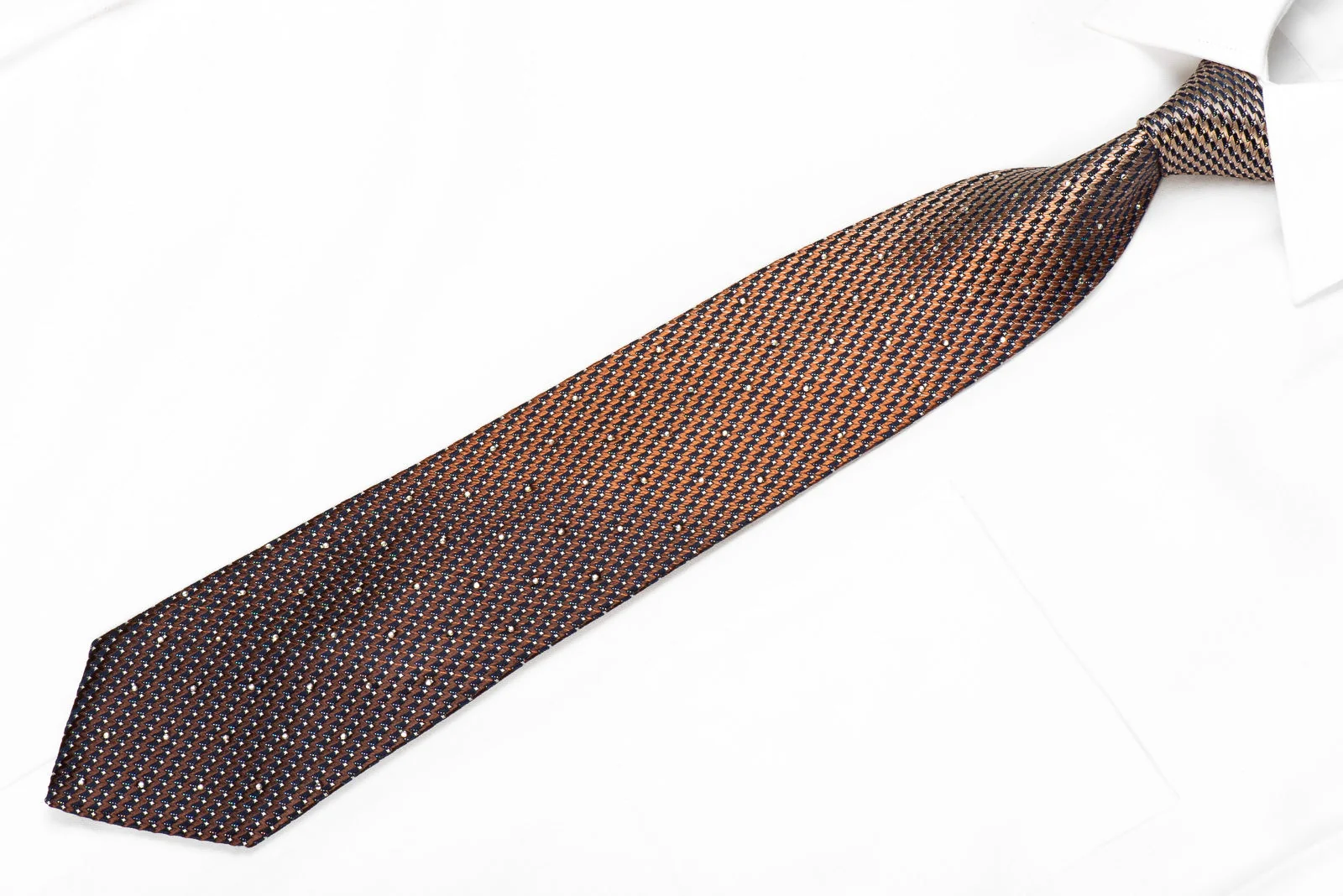 Elegance Men's Crystal Silk Necktie Orange Brown Chevron On Navy With Silver Sparkles - Image 3