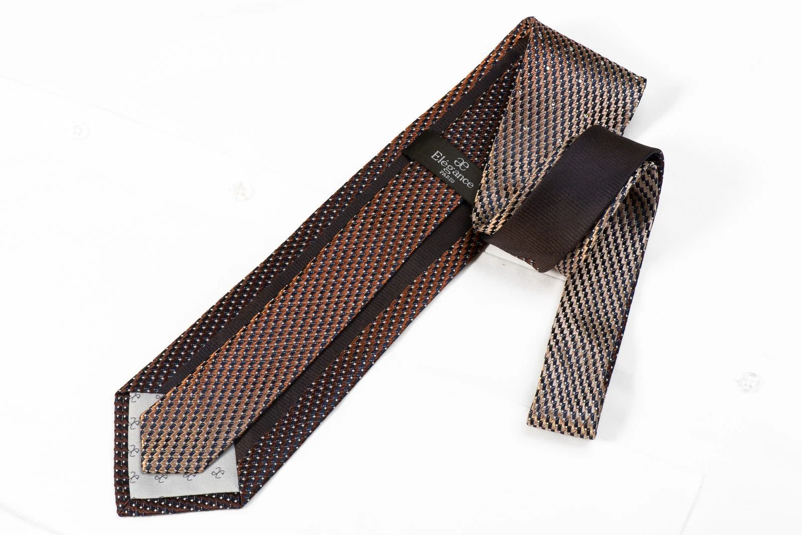 Elegance Men's Crystal Silk Necktie Orange Brown Chevron On Navy With Silver Sparkles - Image 4