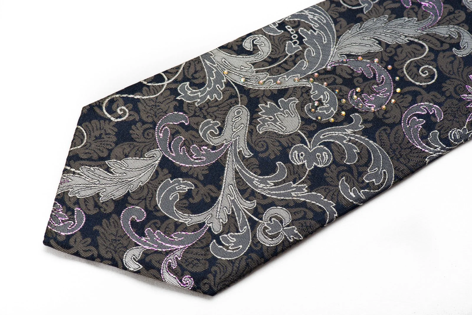 Elegance Men's Crystal Silk Tie Anthemion On Black With Purple Sparkles - Image 3