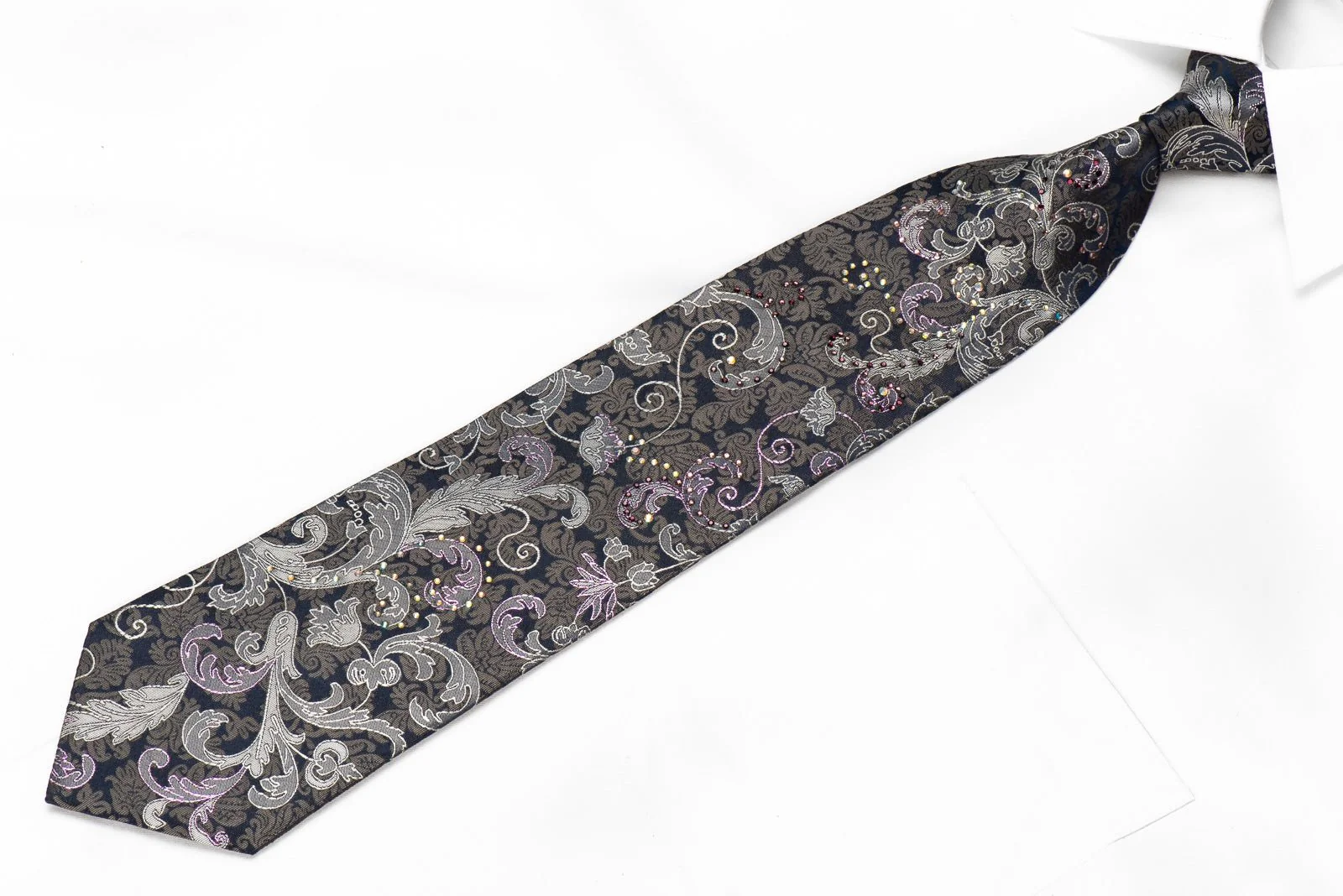 Elegance Men's Crystal Silk Tie Anthemion On Black With Purple Sparkles - Image 4