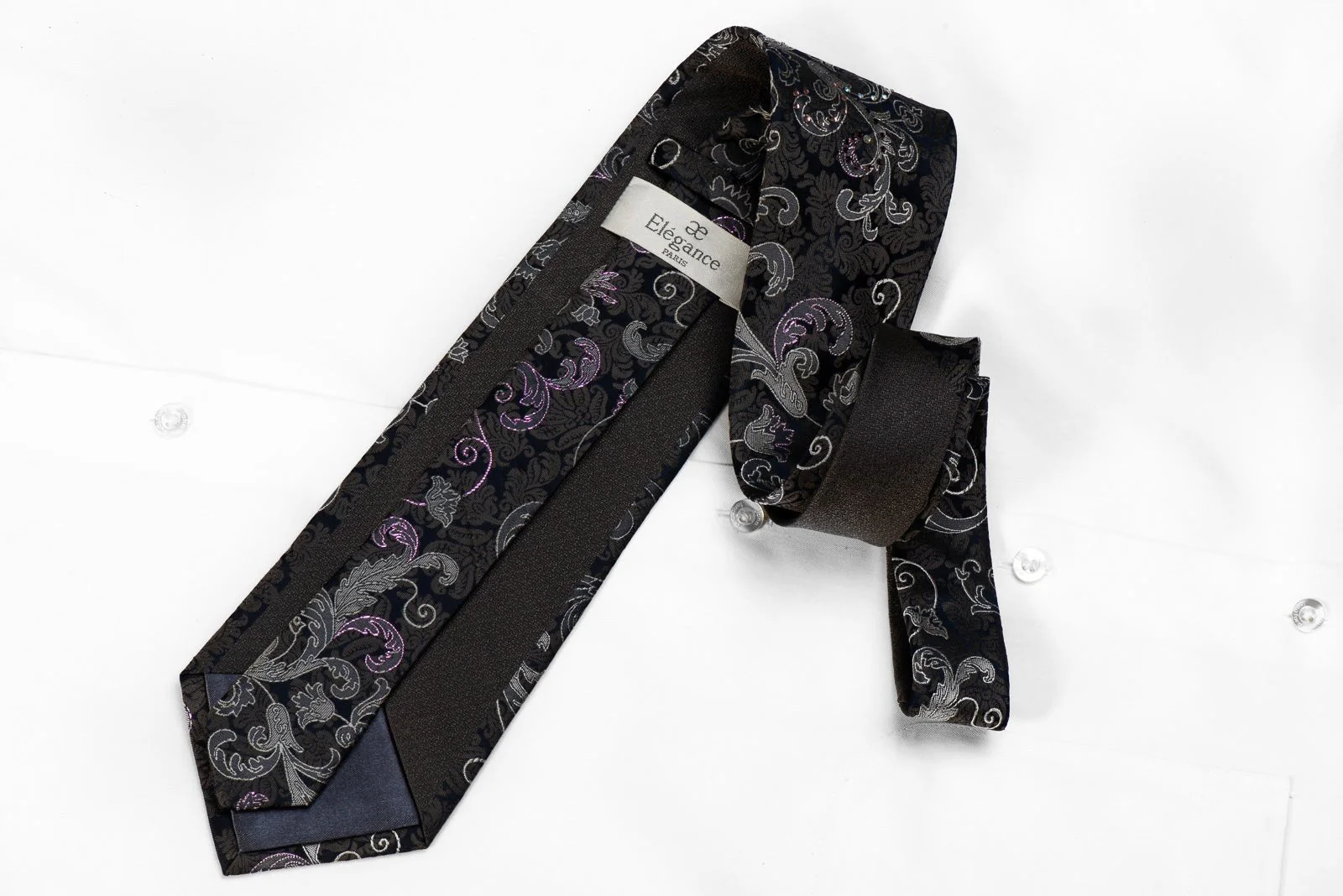 Elegance Men's Crystal Silk Tie Anthemion On Black With Purple Sparkles - Image 5