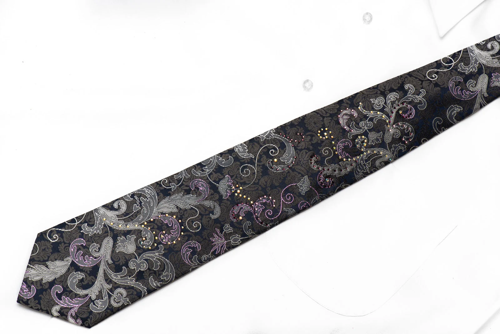 Elegance Men's Crystal Silk Tie Anthemion On Black With Purple Sparkles - Image 6