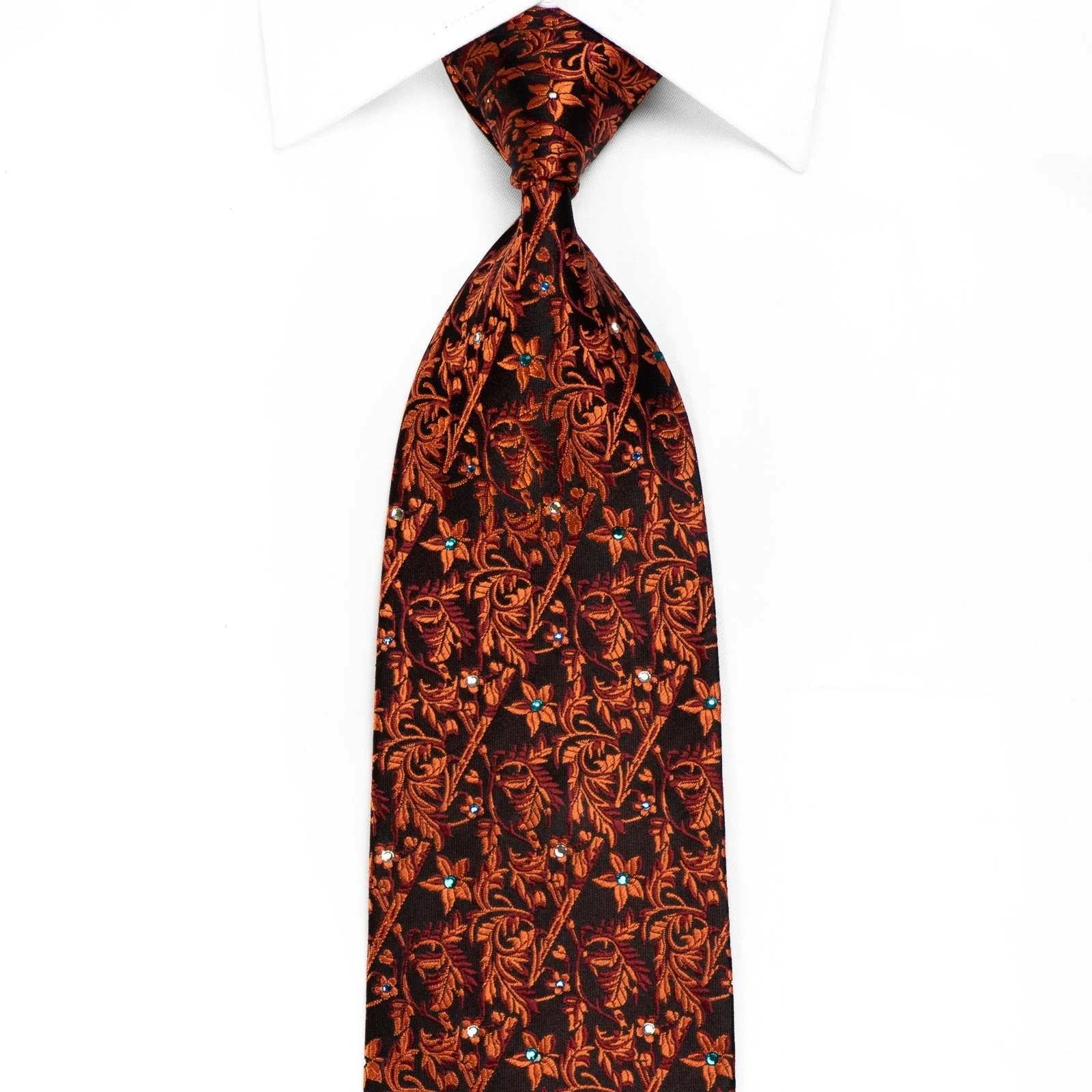 Elegance Men's Crystal Silk Tie Orange Acanthus On Black Sparkling With Rhinestones