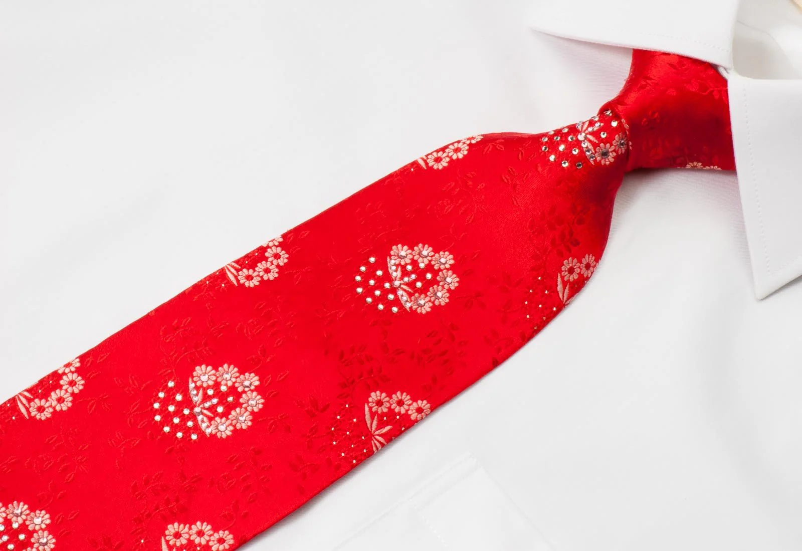 Elegance Men's Red Rhinestone Silk Neck Tie Floral Design On Red With Silver Sparkles - Image 2