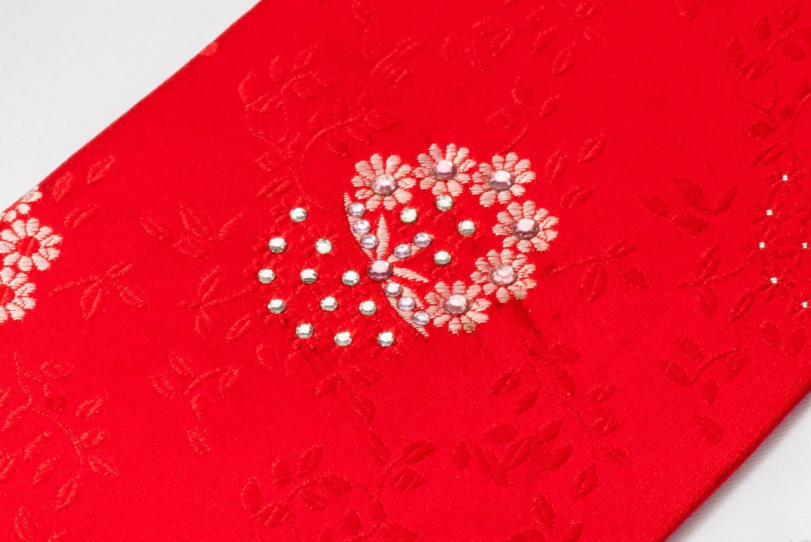 Elegance Men's Red Rhinestone Silk Neck Tie Floral Design On Red With Silver Sparkles - Image 3