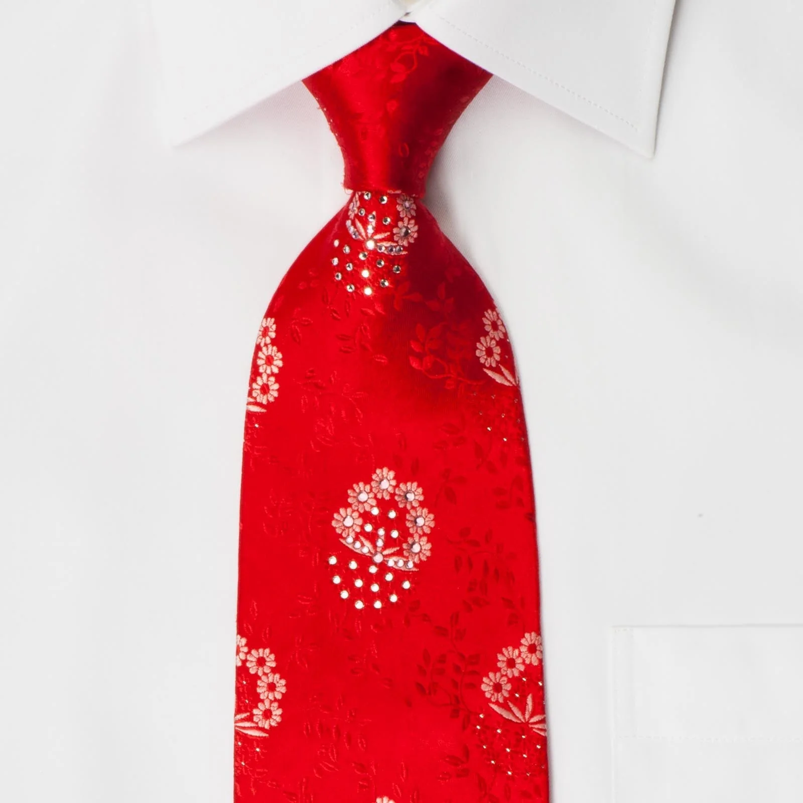 Elegance Men's Red Rhinestone Silk Neck Tie Floral Design On Red With Silver Sparkles - Image 4