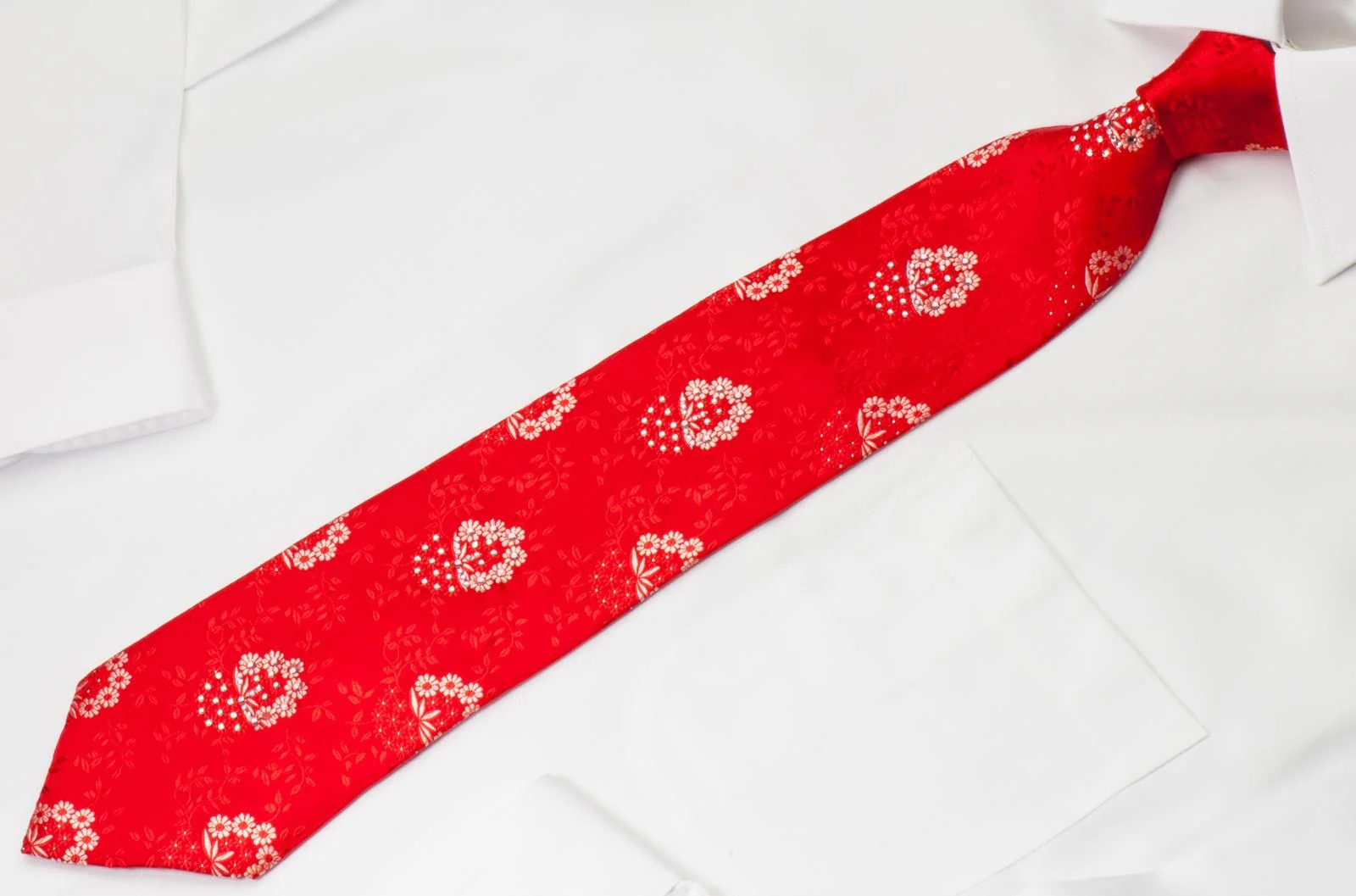 Elegance Men's Red Rhinestone Silk Neck Tie Floral Design On Red With Silver Sparkles - Image 5