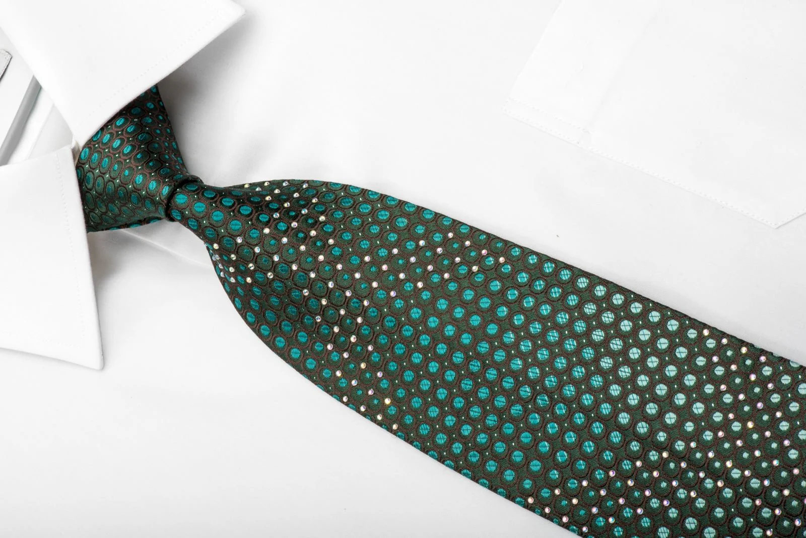 Elegance Men's Rhinestone Silk Necktie Green Dots On Brown With Silver Sparkles - Image 2