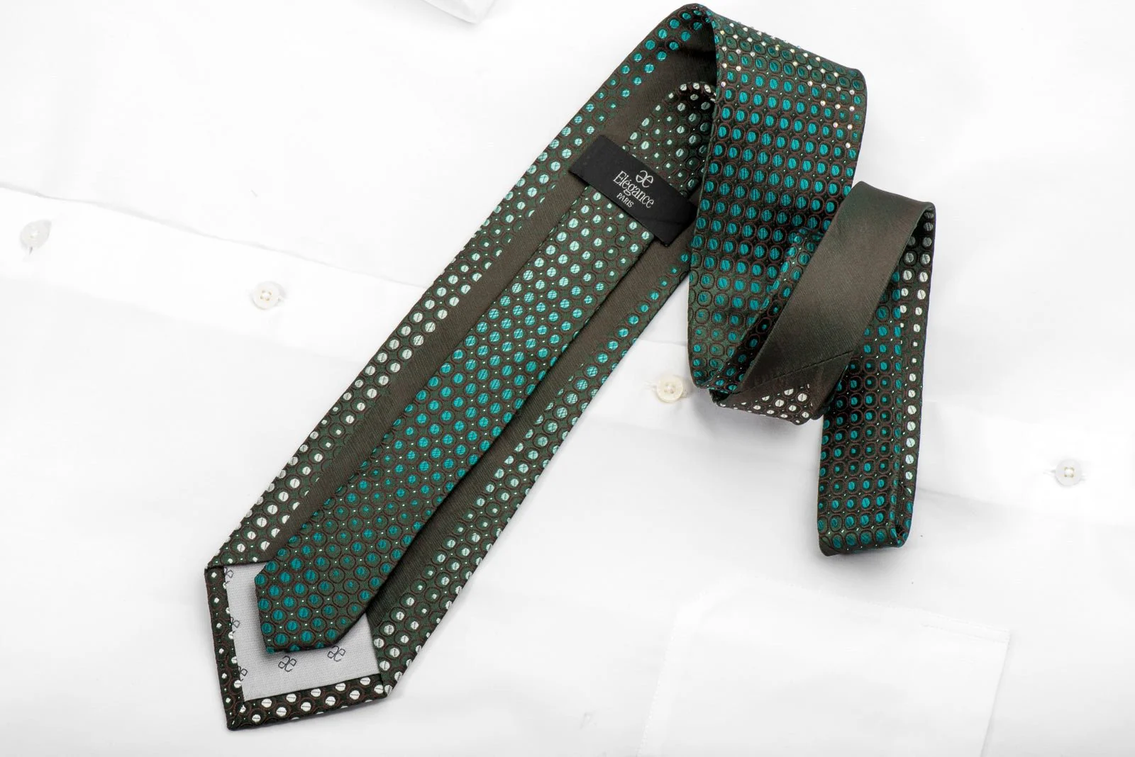 Elegance Men's Rhinestone Silk Necktie Green Dots On Brown With Silver Sparkles - Image 4
