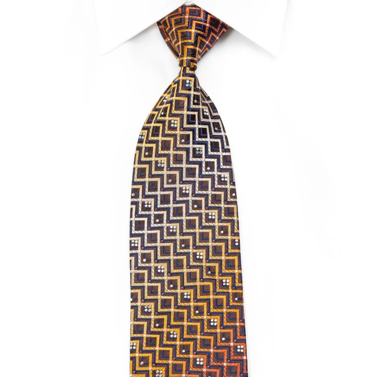 Elegance Men's Rhinestone Silk Necktie Orange Chevron Striped On Brown With Sparkles