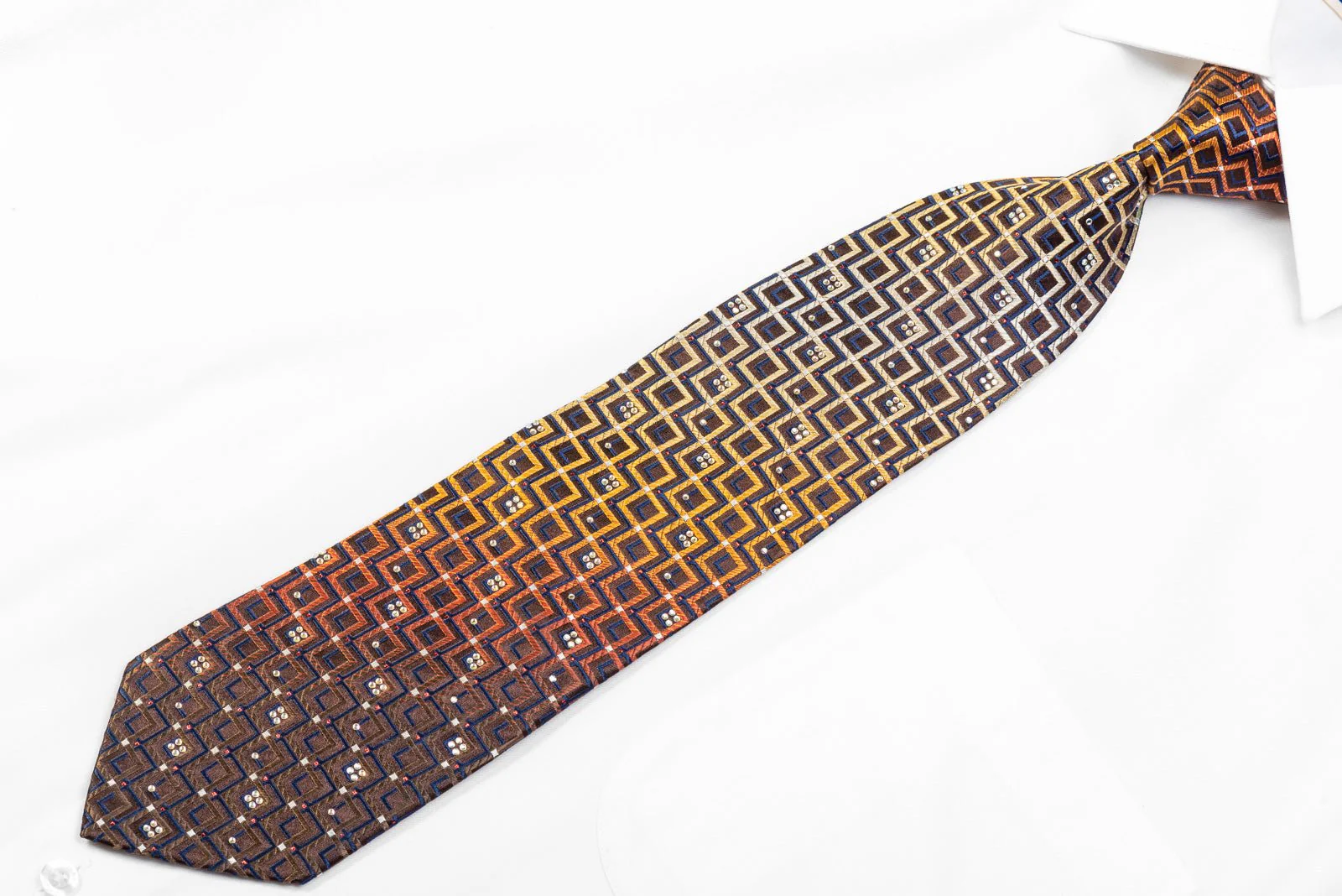 Elegance Men's Rhinestone Silk Necktie Orange Chevron Striped On Brown With Sparkles - Image 3