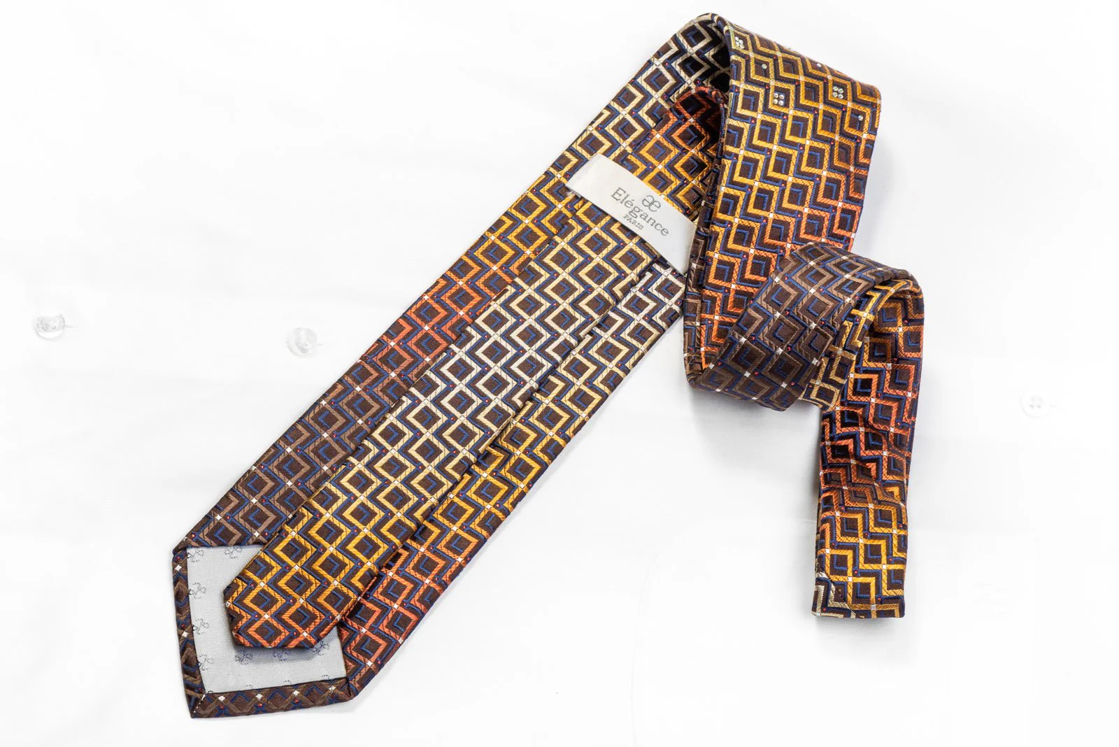 Elegance Men's Rhinestone Silk Necktie Orange Chevron Striped On Brown With Sparkles - Image 4