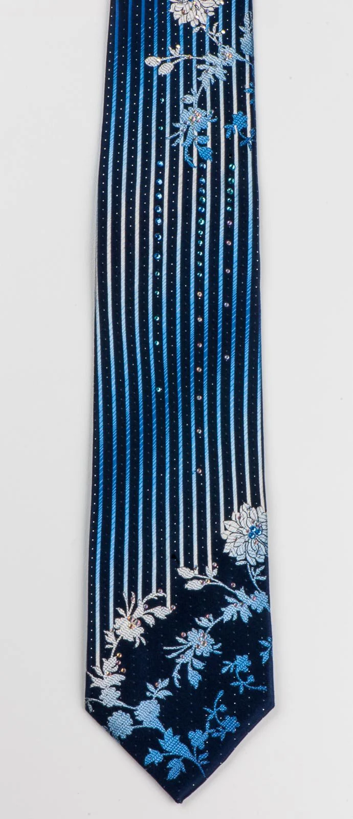 Elegance Men's Silk Neck Tie Floral & Vertical Striped On Blue With Rhinestones - Image 2