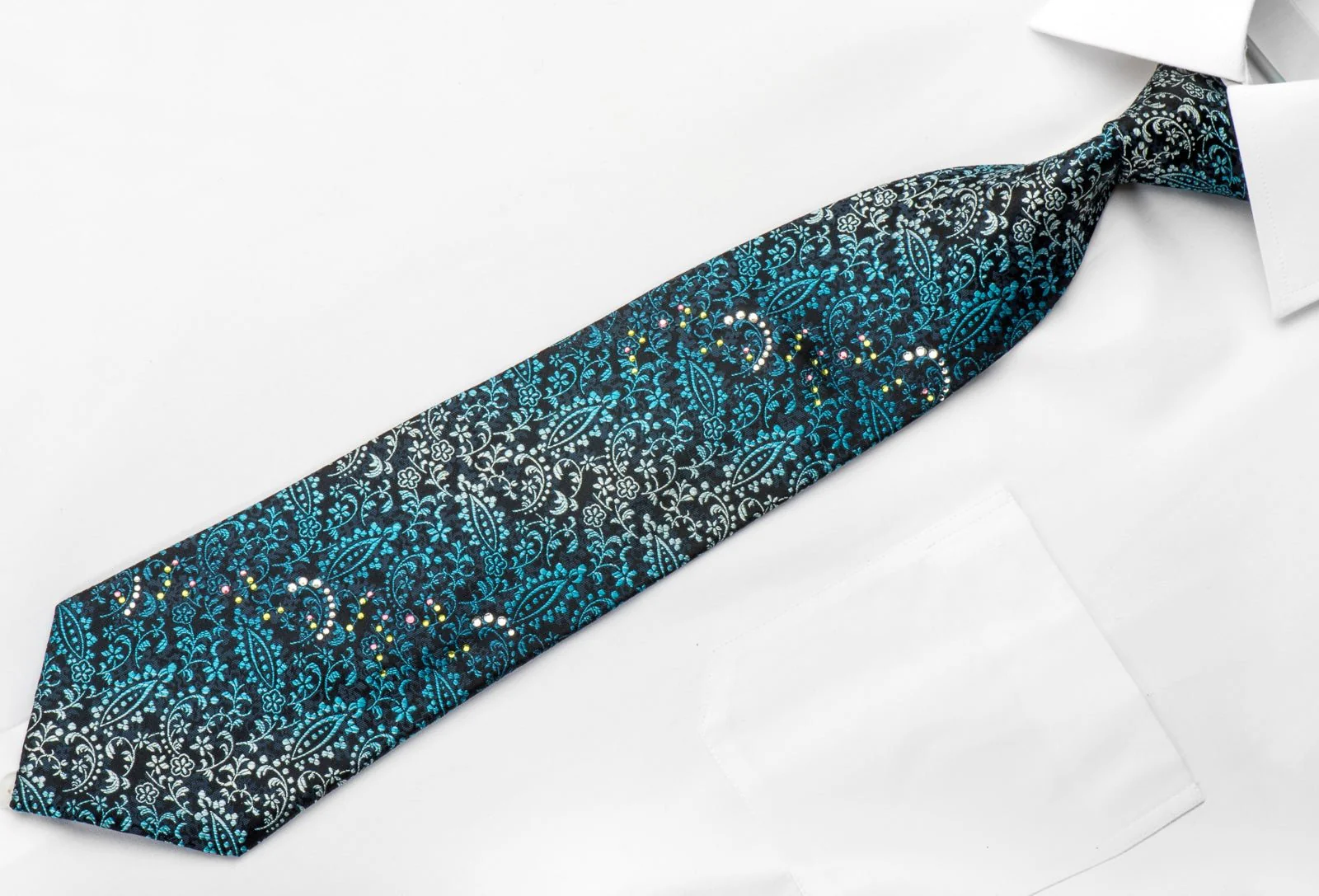 Elegance Men's Silk Necktie Acanthus On Blue Sparkling With Crystal Rhinestones - Image 3