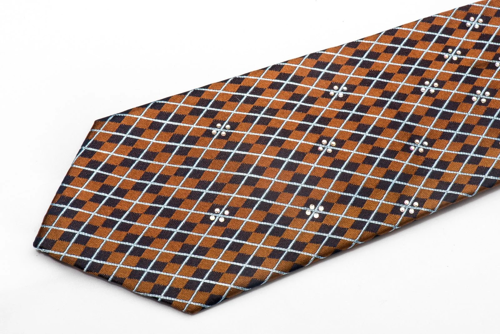 Elegance Men's Silk Necktie Navy Harlequin On Brown Sparkling With Crystal Rhinestones - Image 3