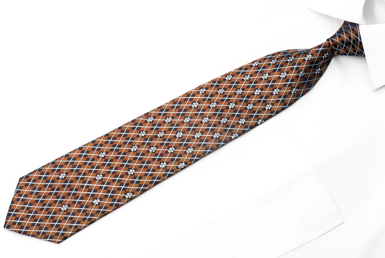 Elegance Men's Silk Necktie Navy Harlequin On Brown Sparkling With Crystal Rhinestones - Image 4