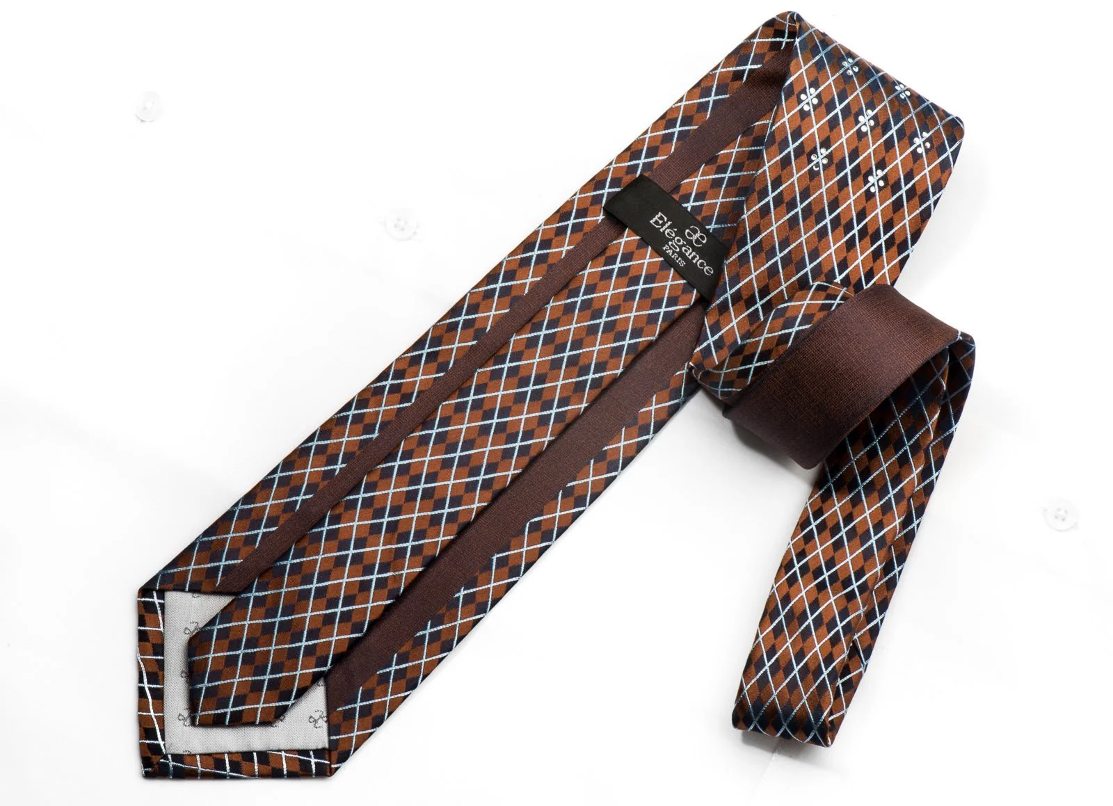 Elegance Men's Silk Necktie Navy Harlequin On Brown Sparkling With Crystal Rhinestones - Image 6