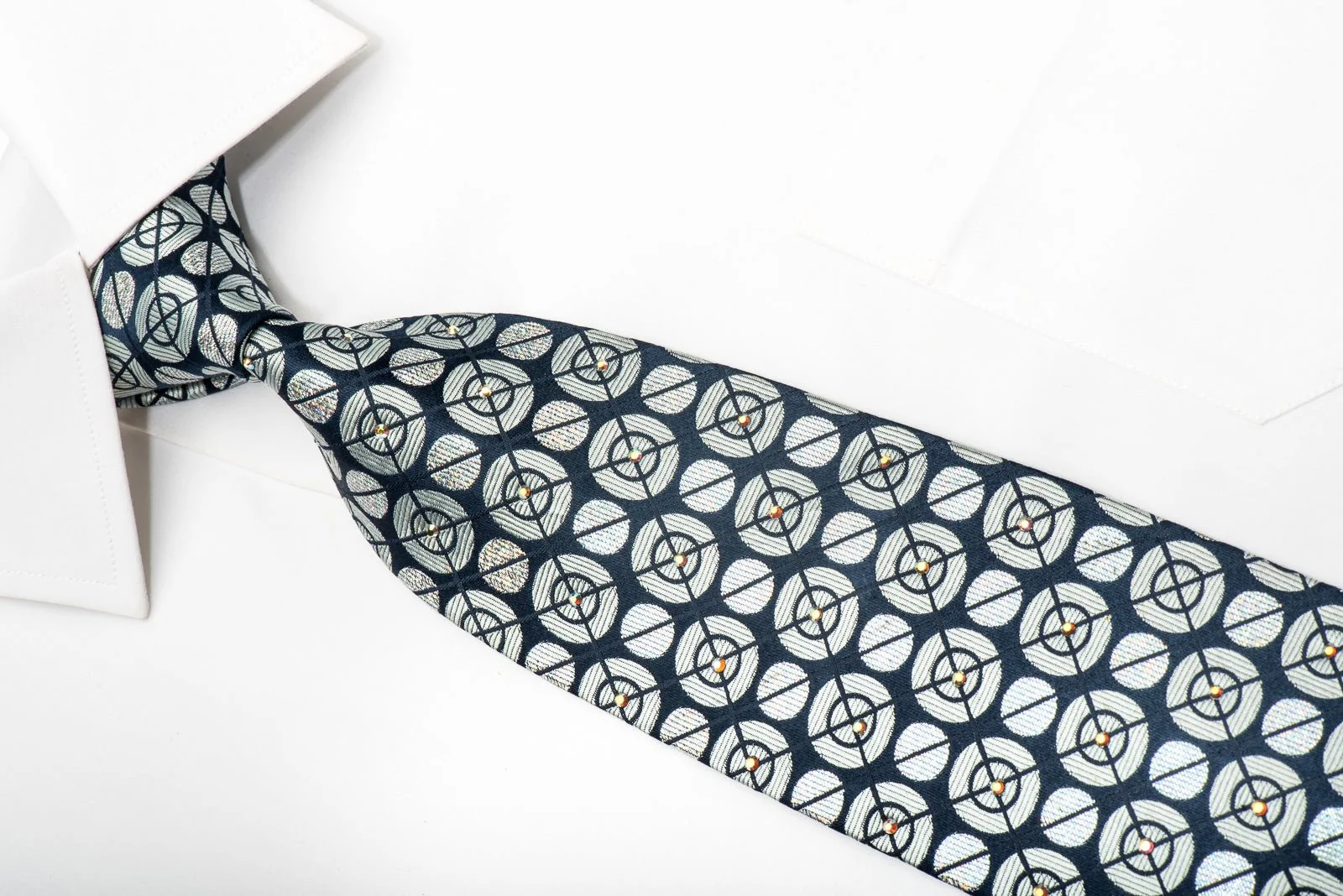 Men's Silk Necktie Silver Geometric Circles On Navy Sparkling With Rhinestones - Image 2