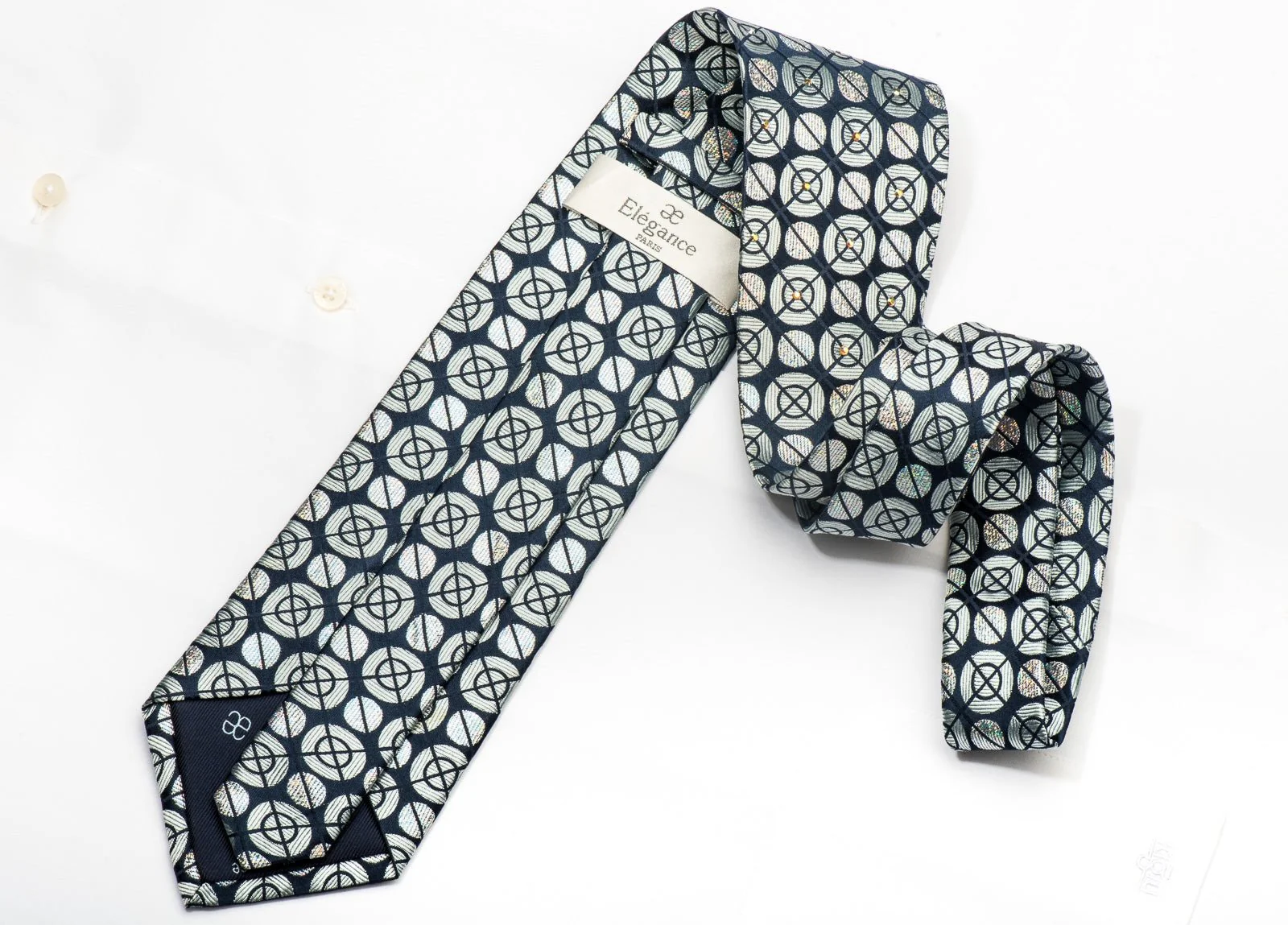 Men's Silk Necktie Silver Geometric Circles On Navy Sparkling With Rhinestones - Image 6