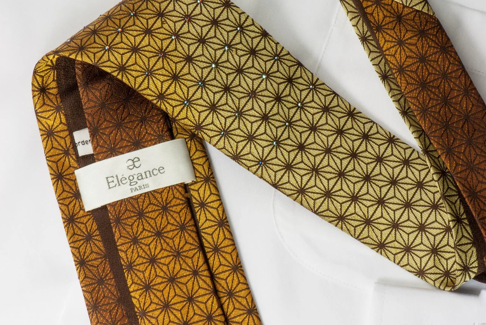 Elegance Men's Silk Tie Geometric Trellis On Yellow Brown With Crystal Rhinestones - Image 3