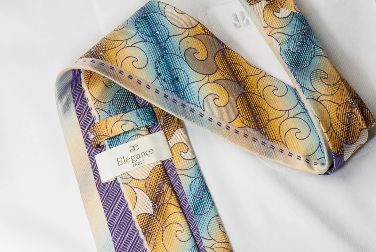 Elegance Men's Woven Silk Necktie Brown Blue Geometric Pattern With Rhinestones - Image 3