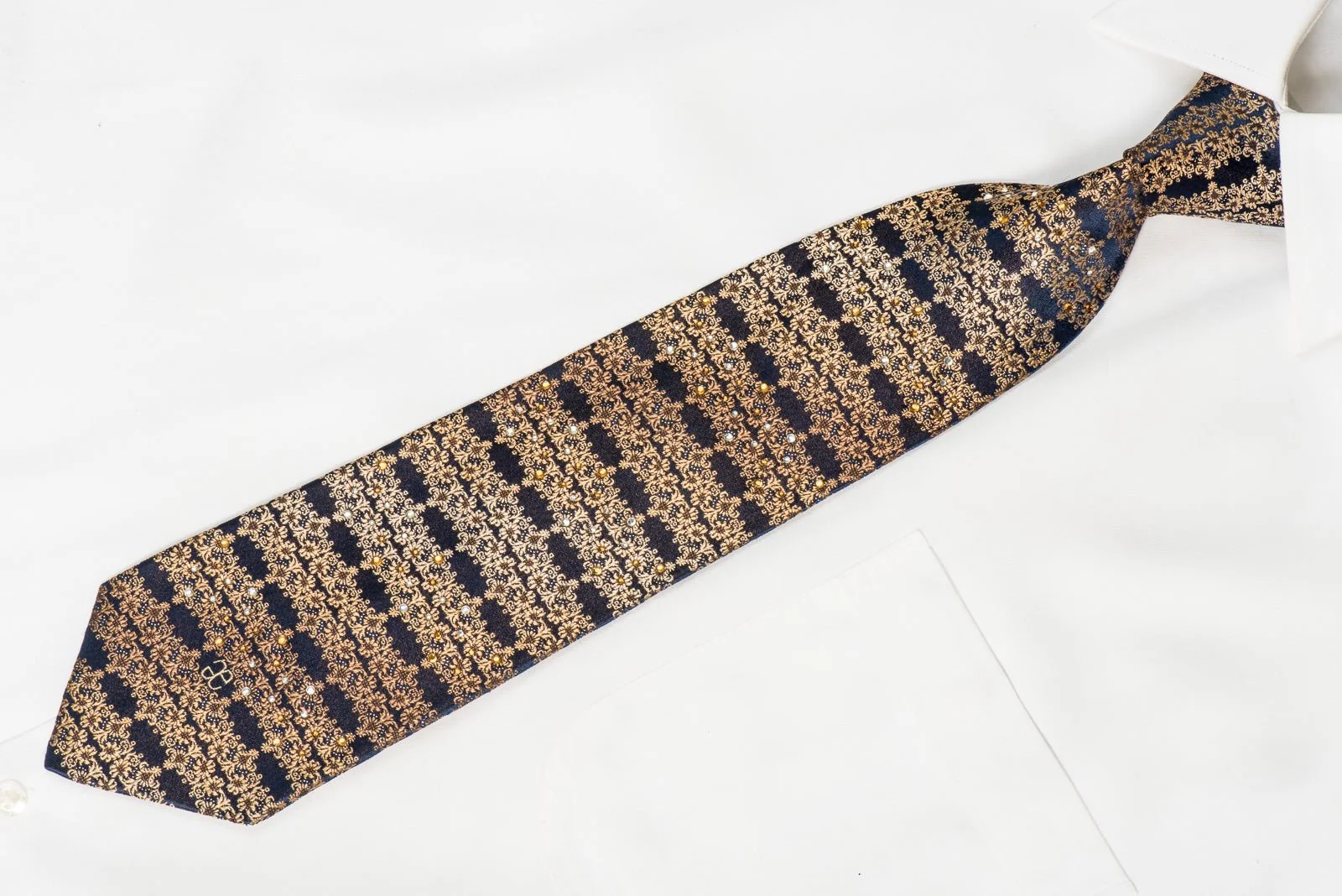 Elegance Mens Crystal Silk Necktie Orange Brown Damask On Navy With Silver Sparkles - Image 4